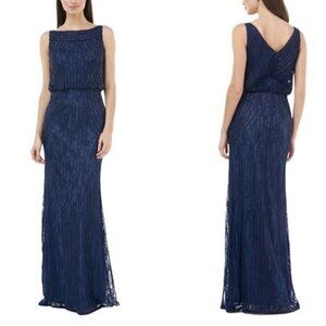 JS Collections NWT Boat Neck Beaded Blouson Gown Dress in Navy Size 8 MSRP $348